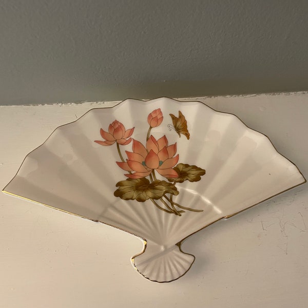 Vintage Japanese Porcelain Fan Wall Hanging or Trinket Dish w/ Lotus Flower & Butterfly