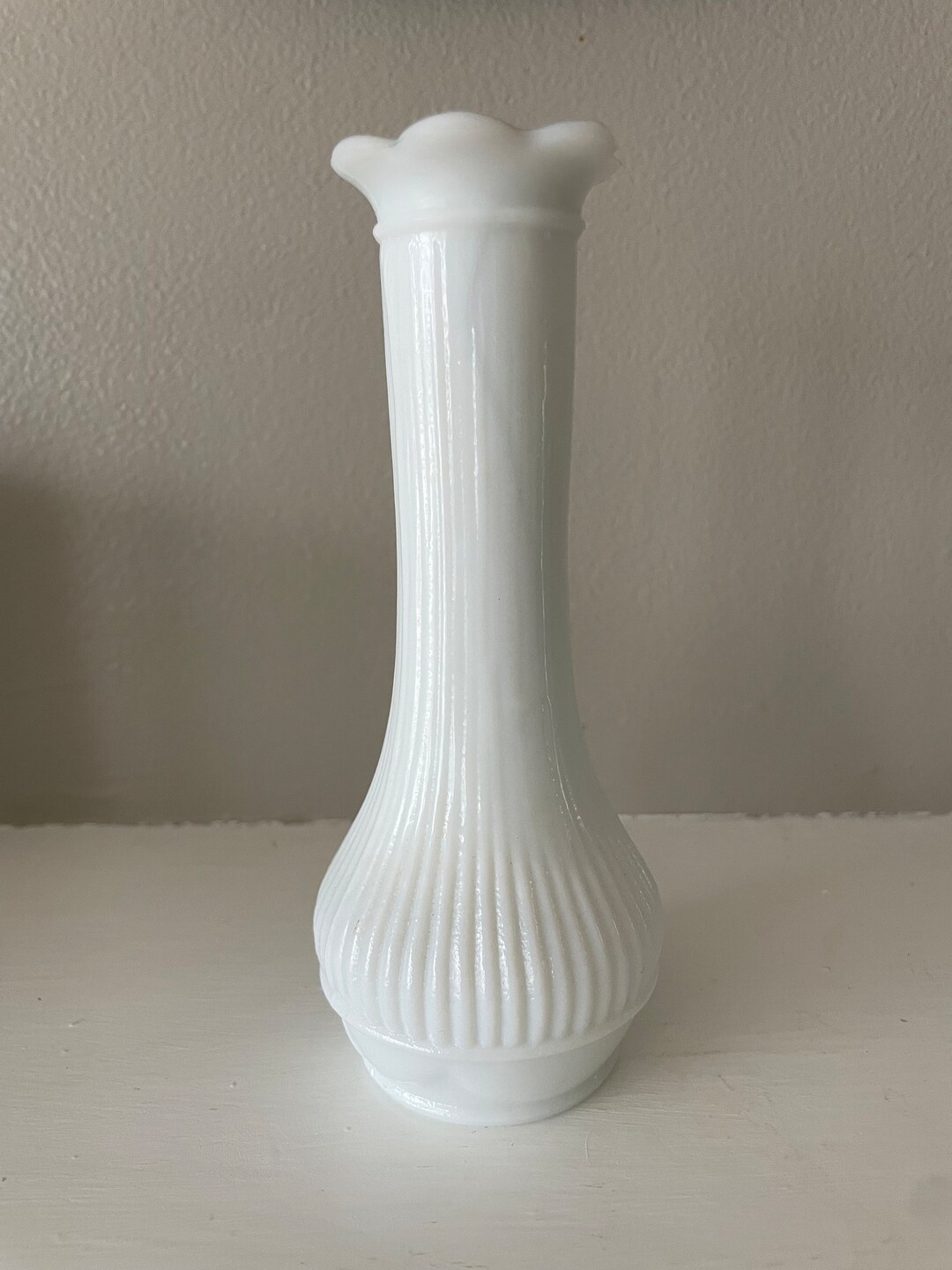 Vintage Randall Milk Glass Bud Vase, Ribbed, Ruffled Petal Rim Etsy