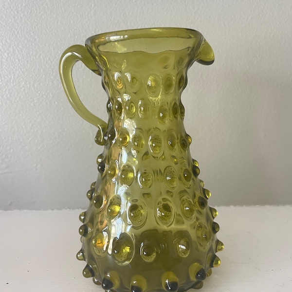 Vintage Olive Green Empoli Syrup Pitcher/Creamer, Hobnail Pattern, Applied Handle