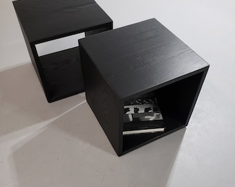 Contemporary solid wood cube side tables deep black stain textured finish