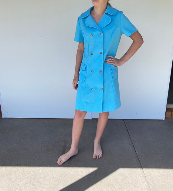 60s  pretty baby blue collared dress with cute bu… - image 1