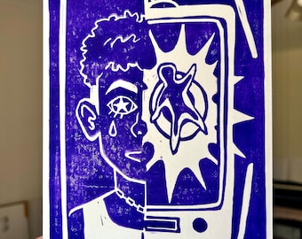 Other Side of the Screen - I Saw the TV Glow-inspired Original Linocut Print