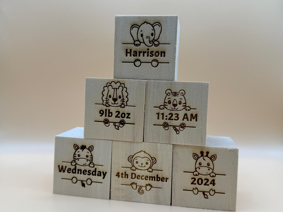 Personalised Wooden Baby Blocks, Safari Animals, Birth Details Keepsake ...