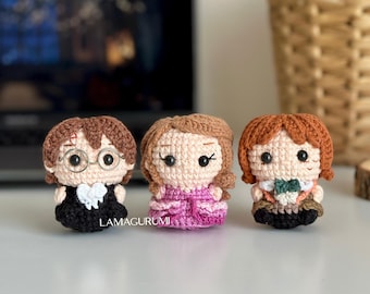 Pacote de padrões de crochê amigurumi 3 em 1 com costura baixa – Bruxos e bruxas em trajes de baile elegantes