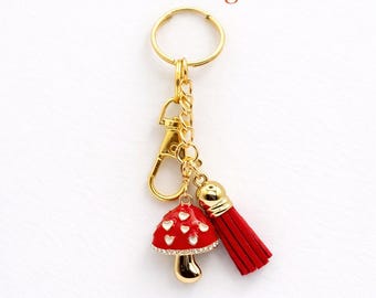 Red Mushroom Keychain – Heart Accents, Faux Suede Tassel