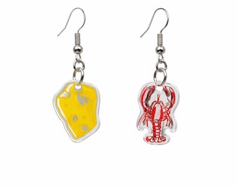 Mismatched Cheese & Lobster Dangle Earrings | Mini Food Jewelry