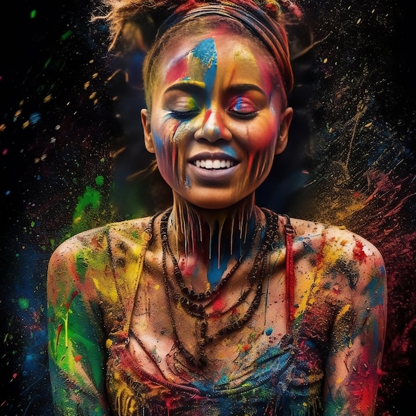 Paint Splattered Caribbean Carnival Beauty - Edgy Artwork of Women with J'ouvert Paint Splatters, J'ouvert png, caribbean carnival png