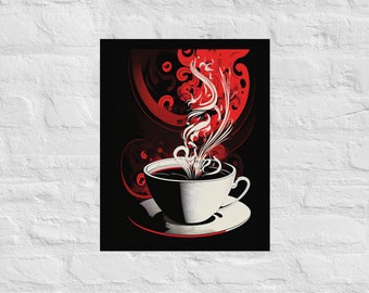 Op de afbeelding: Een witte koffiekop met een zwarte rand en een zwarte schotel. De kop is gevuld met koffie en de stoom die uit de kop opstijgt is gestyled als een rood en wit bloemenmotief.