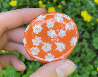 Orange Daisy Flower Painted Mini Clay Dish | Daisies Tea Light Candle Holder | Clay Earring Dish