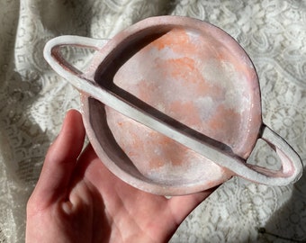 Saturn Shaped Clay Jewelry Dish | Handmade Pink Cloud Candle Holder