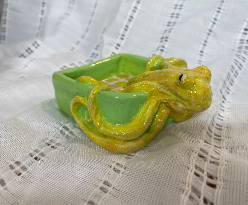 Green and Yellow Clay Octopus Decorative Dish Jewelry Tray Ashtray image 4