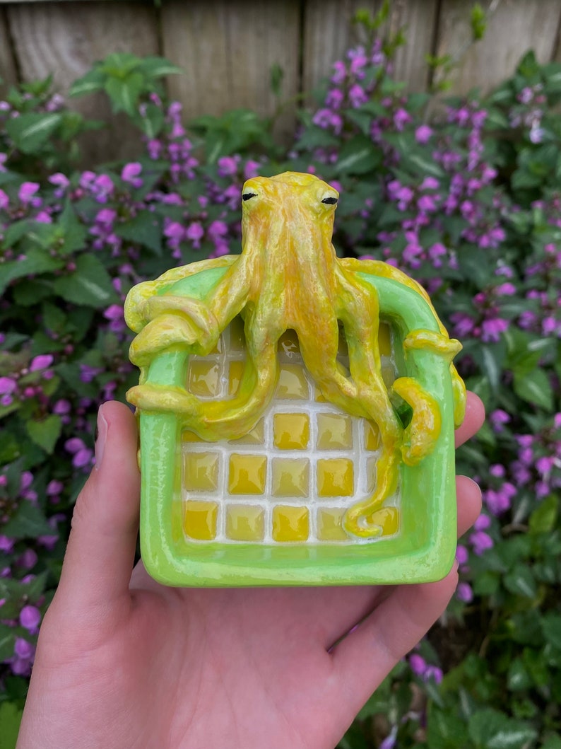 Green and Yellow Clay Octopus Decorative Dish Jewelry Tray Ashtray image 1