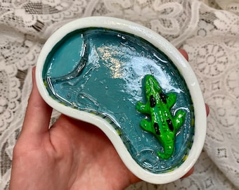 Clay Pool with Alligator Floatie in Resin Ashltray | Mini Pool Jewelry Tray