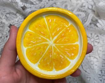 Plateau à bijoux jaune citron | Mini dessous de verre aux fruits en argile | Plateau décoratif