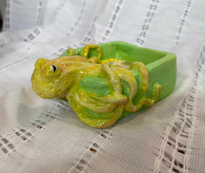 Green and Yellow Clay Octopus Decorative Dish Jewelry Tray Ashtray image 3