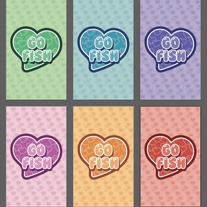 Puede incluir: Seis fondos de colores diferentes con un gr&aacute;fico en forma de coraz&oacute;n que dice "GO FISH" en texto blanco. Cada fondo est&aacute; lleno de un patr&oacute;n de peque&ntilde;os corazones.