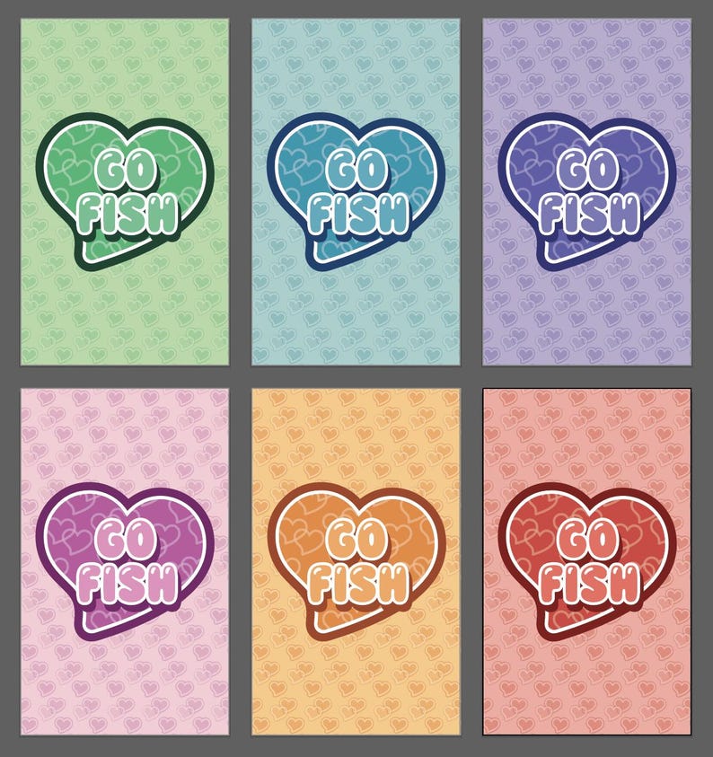 Puede incluir: Seis fondos de colores diferentes con un gr&aacute;fico en forma de coraz&oacute;n que dice "GO FISH" en texto blanco. Cada fondo est&aacute; lleno de un patr&oacute;n de peque&ntilde;os corazones.
