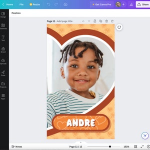 May include: A digital design template for a personalised card with a photo of a young boy in a striped shirt. The design features a heart shape with the name "ANDRE" in a bold, orange font.