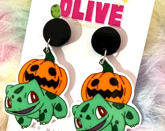 Bulbasaur Pumpkin Halloween Earrings with Hypoallergenic Posts