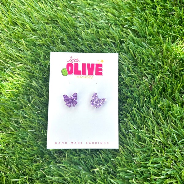 Purple Glitter Butterfly Stud Earrings - Charming Gift for Girls