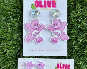 Whimsical Purple Butterfly Care Bear Earrings - Stud and Dangle Styles Available!