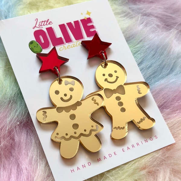 Magnifiques boucles d'oreilles miroir doré M. et Mme Gingerbread Christmas Cookies - Sweet Holiday Duo