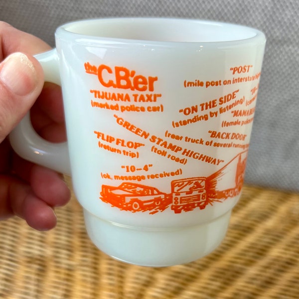 Vintage Fire King Anchor Hocking Milk Glass CB'er Mugs Orange CB Radio Slang Milk Glass Coffee Cup 8oz, Fire King Collector, Milk Glass Mug