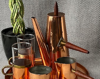 1960s Copper Coffee Set with Tray and Teak Handles Mid-Century Modernist, with 2 Brass and Copper Glasses,7 Piece Set, MCM Copper Coffee Set