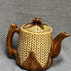 Vintage Majolica Mini Teapot Corn and Bamboo, Majolica Teapot, Vintage Majolica
