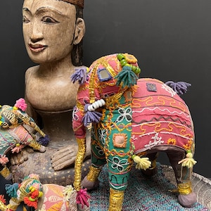 Vintage Rajasthani Fabric Elephant, Folk Art made in India, decorated with mirrors, tassels, metallic threads, 1950s 1960s, Jungalow, Boho