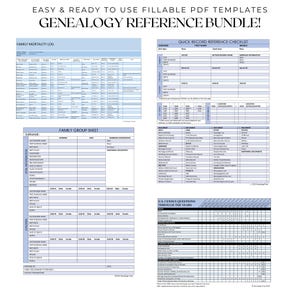 May include: A collection of fillable PDF templates for genealogy research. The bundle includes forms for family mortality logs, quick record checklists, family group sheets, and U.S. census questions. The text "EASY & READY TO USE FILLABLE PDF TEMPLATES GENEALOGY REFERENCE BUNDLE!" is at the top.