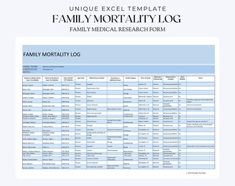 Family Mortality Log for Excel: Genealogy and Family Medical History Research Form