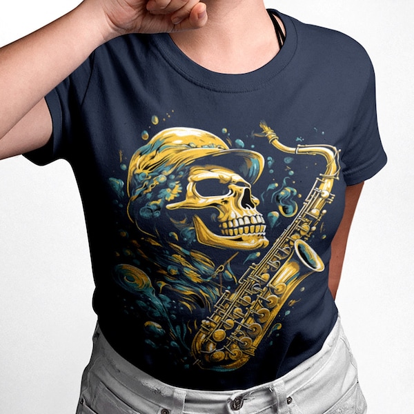 Skeleton with a Golden Saxophone T-Shirt: A Symphony of Style & Comfort This Halloween. Musical Bones- The Must-Have Skeleton Sax T-Shirt