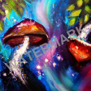 Abstract Magic Mushroom Digital Download Art for Home Decor, Magical mushrooms in outer space art, Space mushroom art, Psychedelic space.