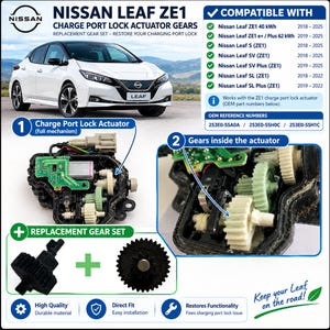 Op de afbeelding: Een vervangende tandwielset voor de laadpoortvergrendelingsactuator van de Nissan Leaf ZE1. De afbeelding toont het volledige actuatormechanisme met interne witte en groene tandwielen, naast twee losse zwarte vervangende tandwielen.