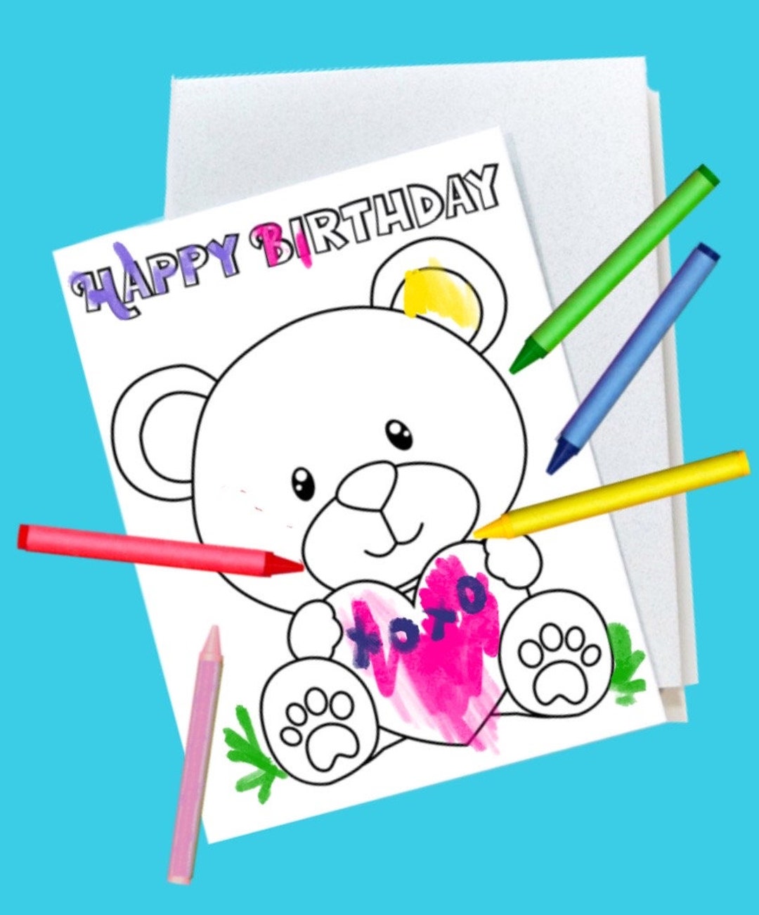 Teddy Bear Printable Happy Birthday Coloring Card, Cute Teddy Bear