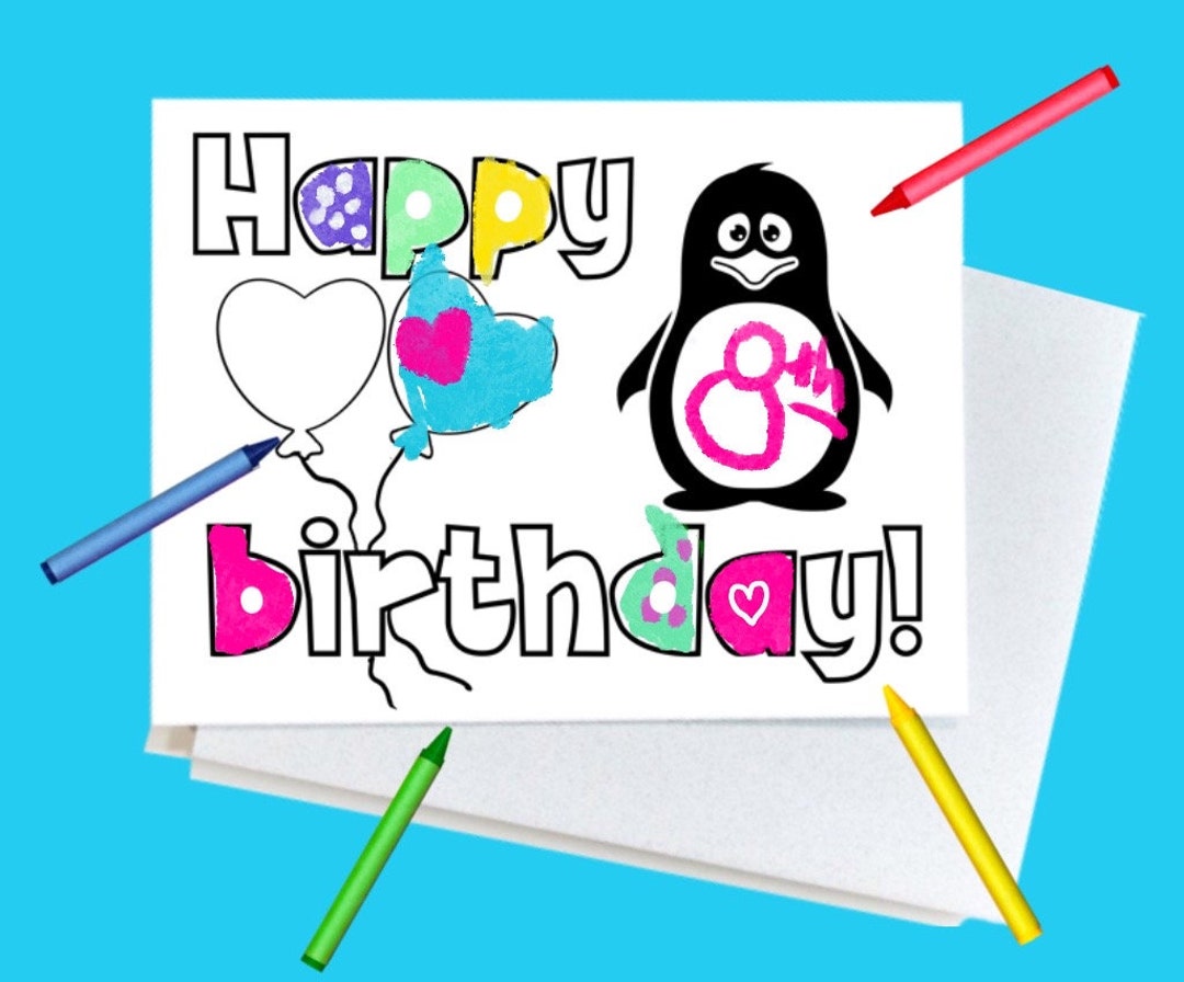Penguin Printable Happy Birthday Coloring Card, Cute Penguin Card ...