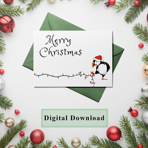 Instant Digital Download Printable Greeting Card Christmas Lights Puffin, Cute Animals Unique Holiday Card Stationery Gift for her DIY Art