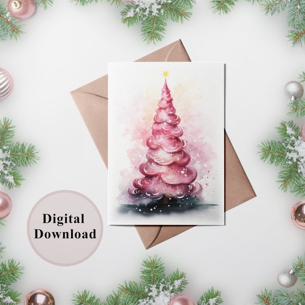 Instant Digital Download Printable Greeting Card Whimsical Watercolor Christmas Tree in Pink, Unique Holiday Stationery Gift for her DIY Art