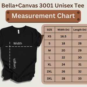 Infographic displaying size/measurement charts for Bella Canvas 3001 tee. Sizes range from XS-3XL.