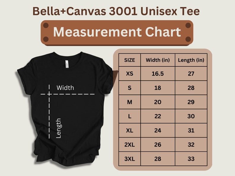 Infographic displaying size/measurement charts for Bella Canvas 3001 tee. Sizes range from XS-3XL.