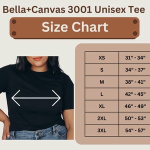 Infographic displaying size/measurement charts for Bella Canvas 3001 tee. Sizes range from XS-3XL.