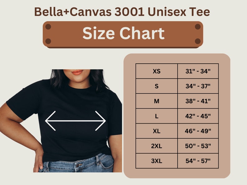 Infographic displaying size/measurement charts for Bella Canvas 3001 tee. Sizes range from XS-3XL.