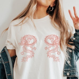 T-shirt nouvel an lunaire couleurs confort nouvel an chinois du dragon 2024 double dragon chinois zodiaque chinois streetwear chinois