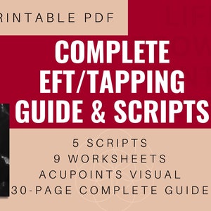 Könnte beinhalten: Druckbarer PDF-Leitfaden und Skripte für EFT/Tapping, mit 5 Skripten, 9 Arbeitsblättern, einer visuellen Darstellung der Akupunkturpunkte und einem 30-seitigen vollständigen Leitfaden. Das Cover zeigt ein schwarz-weißes Marmormuster mit dem Text "Inside You Will Find" in Weiß.