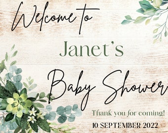 Cartel de bienvenida al baby shower minimalista verde crema elegante
