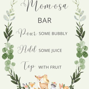 Elegant Woodland Creatures Mom-osa (Mimosa) Bar Sign