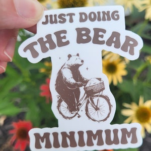 Bike sticker, bear minimum,  bear riding bike, funny pun sticker, unique humorous sticker,