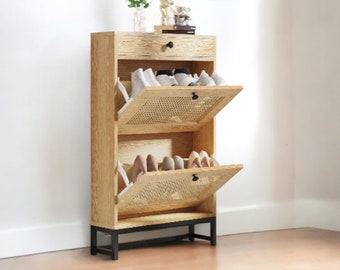 Shoe Storage Cabinet Shoe Shelfs, Wood Shoe Cabinet, Shoe Organizer Entryway Cabinet | 8 Pair
