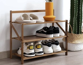 Bamboo Shoe Rack For Entryway Foldable Shoes Storage Organizer Free Standing Small Shoe Rack - 6-9 Pairs